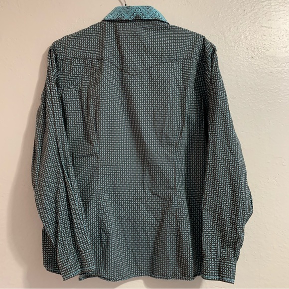 Men’s Embroidered Panhandle Rough Stock Teal Pearl Snap Long Sleeve Collar Shirt - Picture 6 of 6
